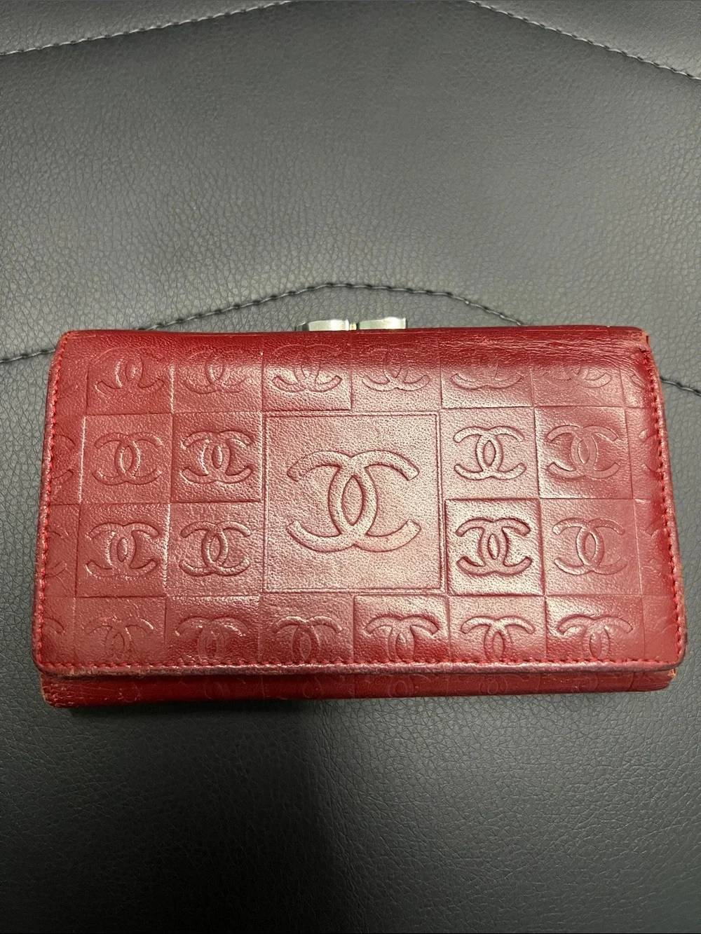 CHANEL Red Embossed CC Leather Wallet